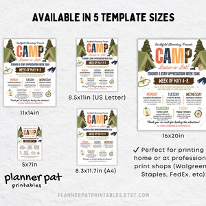 May include: A promotional poster with the word "CAMP" in orange and blue, with the text "Learn a Lot!" and "Teacher & Staff Appreciation Week." It includes a schedule for the week of May 4-8, with various sizes available, including 11x14 inches and 16x20 inches.