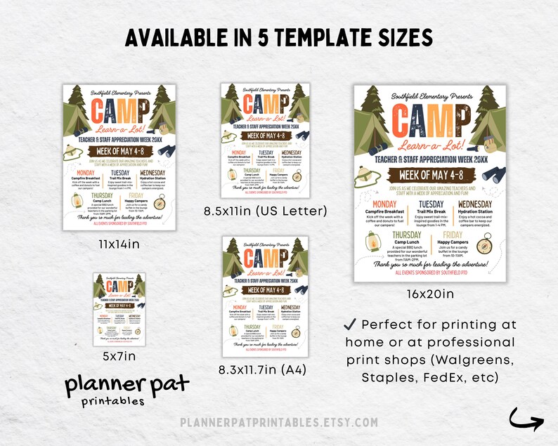 May include: A promotional poster with the word "CAMP" in orange and blue, with the text "Learn a Lot!" and "Teacher & Staff Appreciation Week." It includes a schedule for the week of May 4-8, with various sizes available, including 11x14 inches and 16x20 inches.