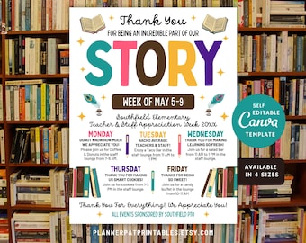 Storybook Theme Teacher & Staff Appreciation Week Story Itinerary Flyer (Canva Template)