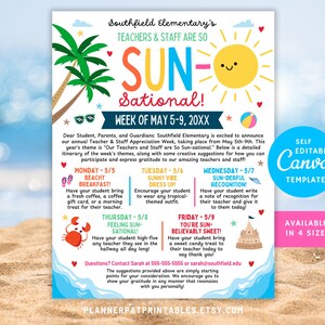Editable Sunsational Parent Newsletter Beach Itinerary Flyer for Teacher & Staff Appreciation Student Take Home Sheet Canva Template