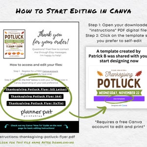May include: Instructions on how to edit a Thanksgiving Potluck flyer template in Canva. The flyer is designed with fall colors and features the text "Thanksgiving Potluck" and "Wednesday, November 22". The instructions include registering for a free Canva account and clicking on the template size you prefer to self-edit. The file name is "instructions-thanksgiving-potluck-flyer.pdf".
