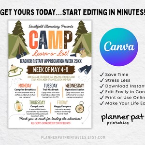 May include: A colorful flyer for a teacher appreciation week camp event. The flyer includes the text "CAMP Learn-a-Lot!" with a schedule of activities, a Canva logo, and the text "planner pat printables."