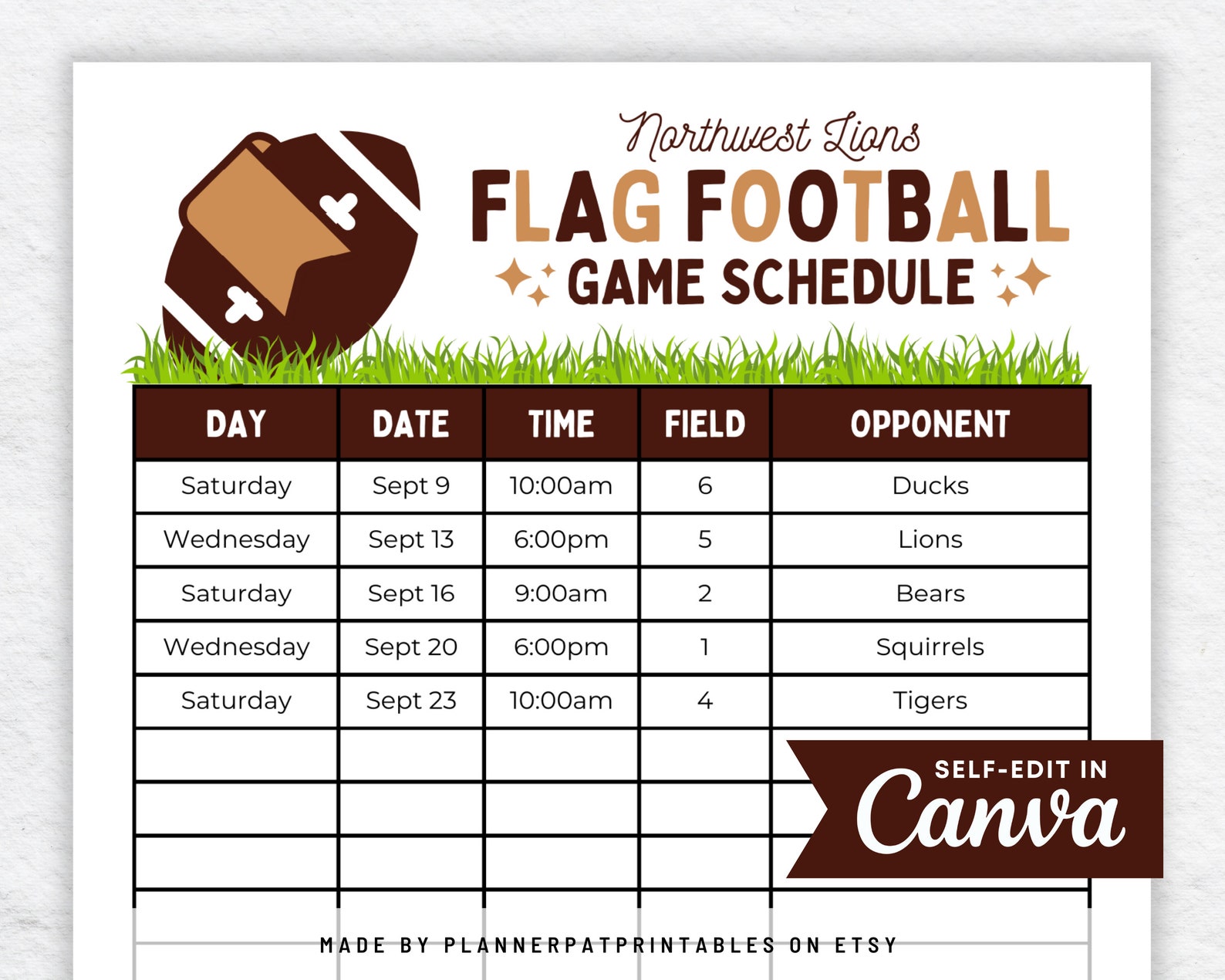 DIY Flag Football Schedule Template Canva Flag Football Game Etsy