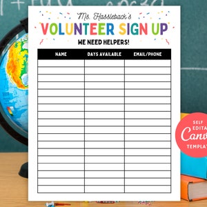 Editable Classroom Volunteer Sign Up Sheet, Teacher Volunteer Canva Template