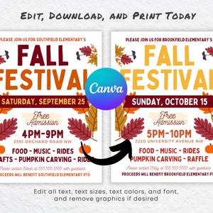 May include: A printable flyer for a Fall Festival with a colorful autumn leaf design. The flyer includes the text "Fall Festival" in large, bold letters. The event is free admission and will take place on Saturday, September 25th from 4pm to 9pm. The flyer also includes the address of the event and a list of activities, including food, music, rides, crafts, pumpkin carving, and a ride.