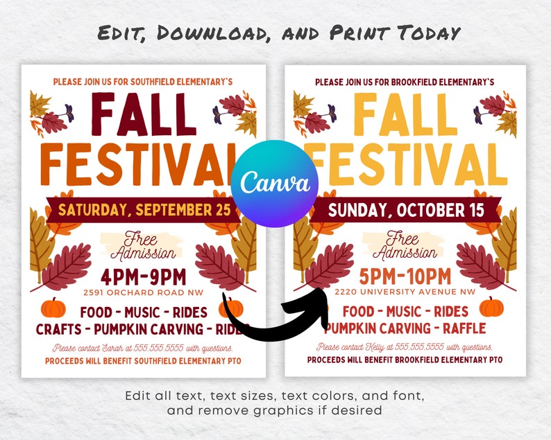 May include: A printable flyer for a Fall Festival with a colorful autumn leaf design. The flyer includes the text "Fall Festival" in large, bold letters. The event is free admission and will take place on Saturday, September 25th from 4pm to 9pm. The flyer also includes the address of the event and a list of activities, including food, music, rides, crafts, pumpkin carving, and a ride.