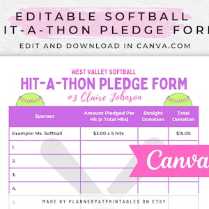 Editable Softball Hit-a-Thon Fundraiser Form Pledge Sheet Canva Template