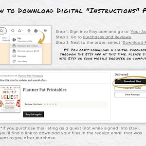May include: A screenshot detailing how to download a digital PDF from Etsy. The image shows the steps to find the download, including going to 'Purchases and Reviews' and selecting 'Download Files'.