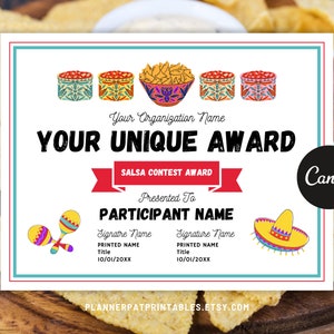 May include: A printable certificate with a red, white, and blue color scheme. The certificate is for a salsa contest award. It features a graphic of a bowl of salsa and chips, a maraca, and a sombrero. The text on the certificate reads "Your Unique Award" and "Salsa Contest Award".