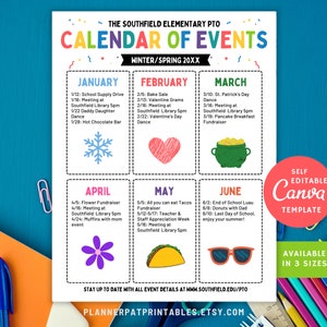 Editable Spring PTA Calendar of Events, Customizable PTO Events Template
