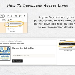 May include: A screenshot of an Etsy shop page showing how to download digital files. The page shows a car wash flyer with the text "CAR WASH" and "SATURDAY, AUGUST 12 10:00AM-2:00PM $10 PER CAR". The page also shows a button that says "Download Files".