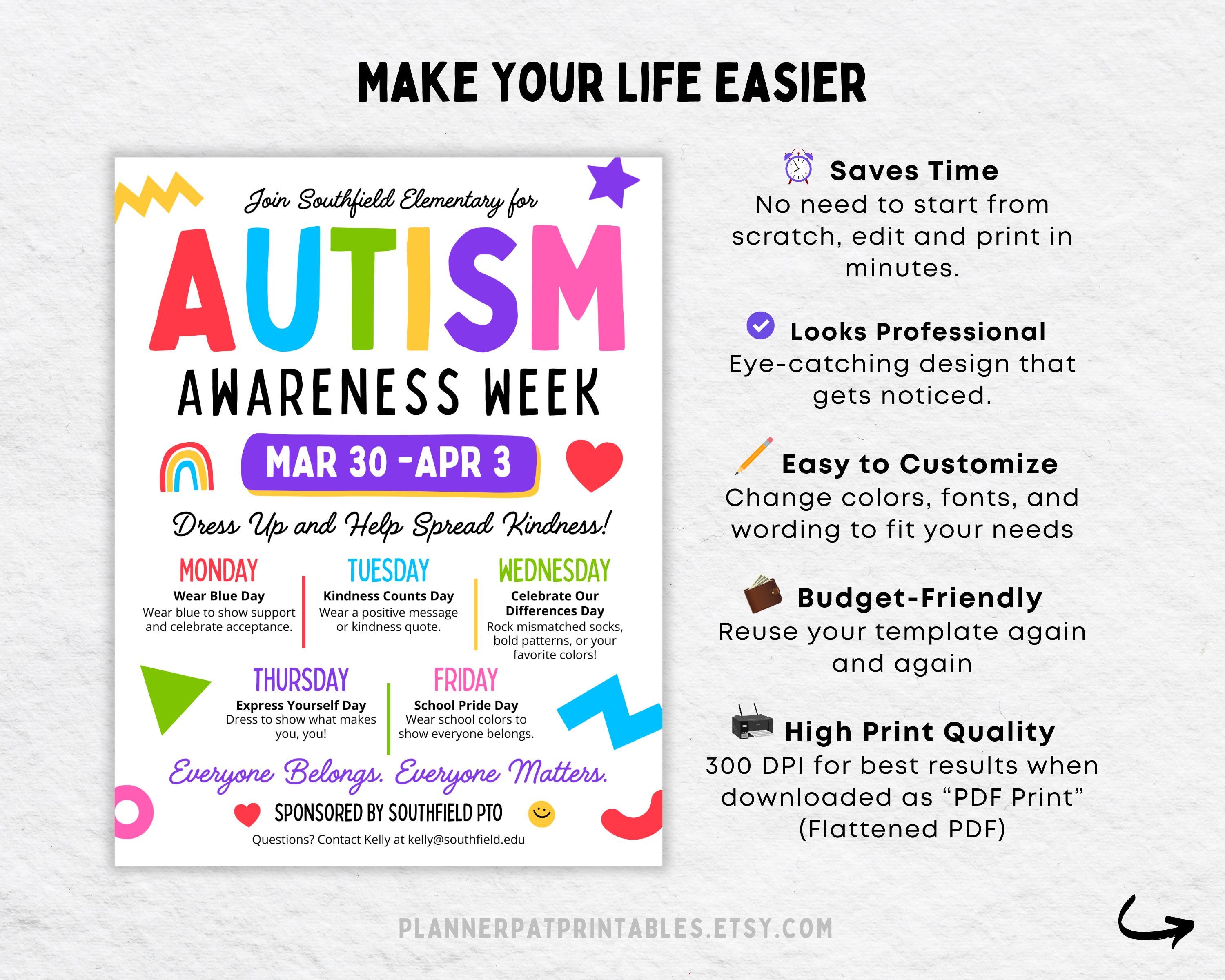 Autism Awareness Spirit Week Flyer Template: Editable School Event ...