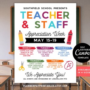 Editable Teacher & Staff Appreciation Week Flyer Itinerary Canva ...