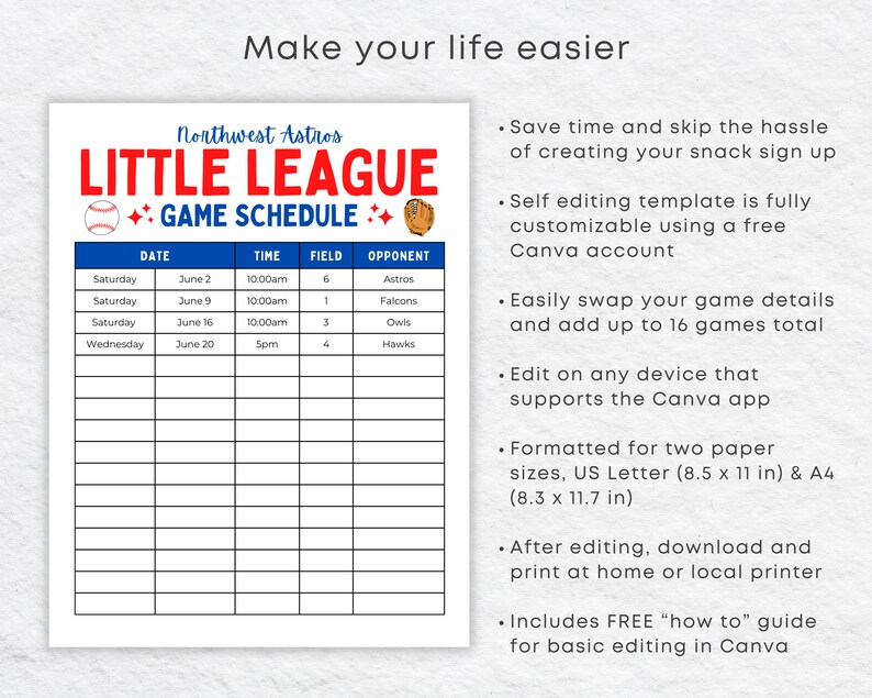 Editable Little League Schedule Template Printable Canva Game Etsy