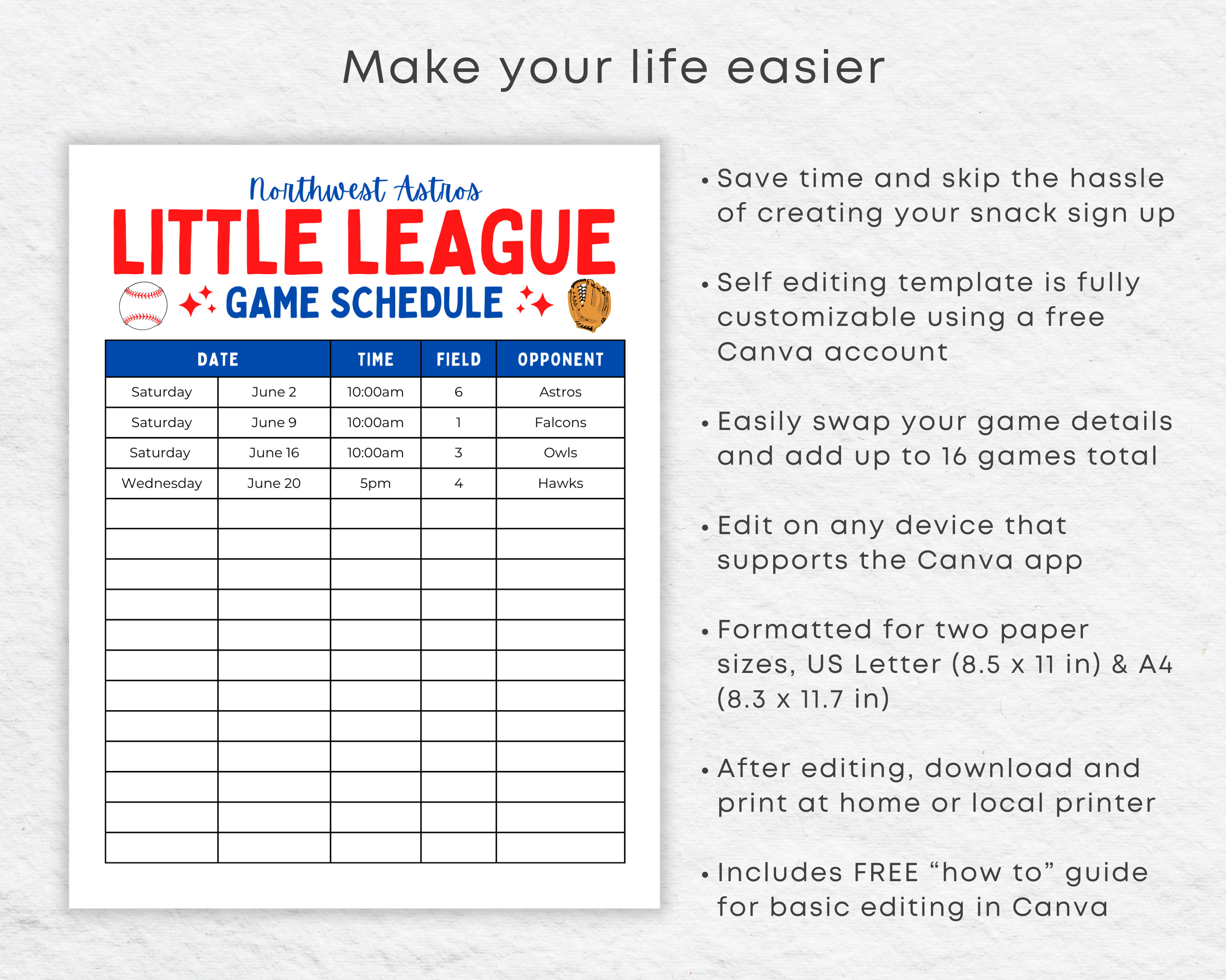 Editable Little League Schedule Template Printable Canva Game Etsy