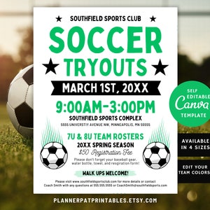 Editable Soccer Tryout Flyer Template, Team Registration Announcement, Canva