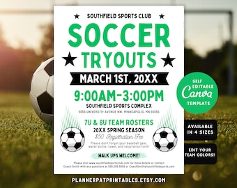 Editable Soccer Tryout Flyer, Sports Registration Event, Canva Template