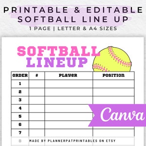 Bearbeitbare Softball Line Up Roster und Schlagreihenfolge DIY Canva Template