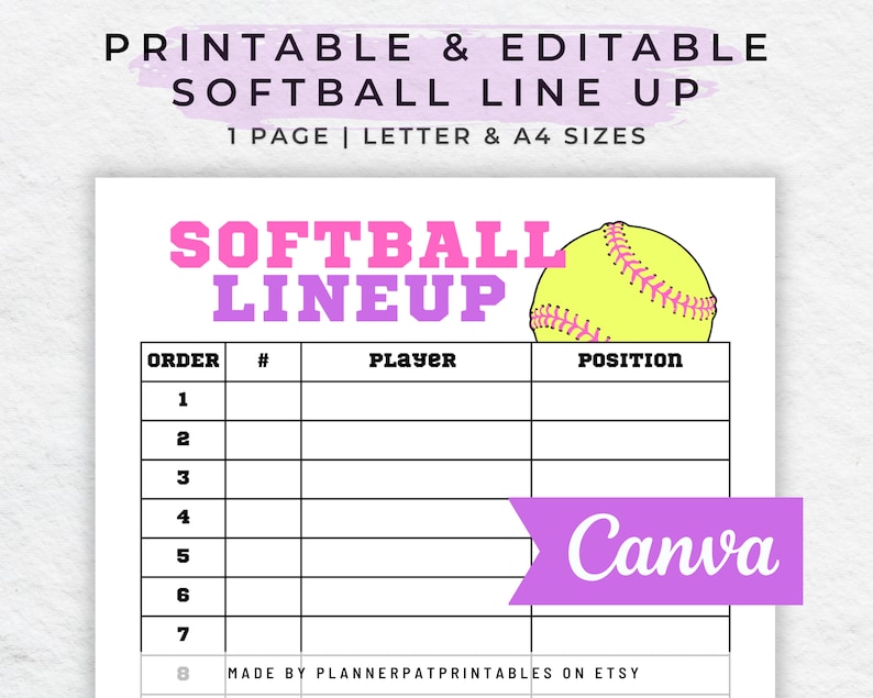 Editable Softball Line up Roster and Batting Order DIY Canva Etsy