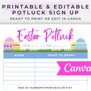 May include: Printable Easter potluck sign up sheet with a blue and white striped background. The sheet has a title that says "Easter Potluck" in pink text. There are columns for names, date, time, and food to bring. The sheet is decorated with colorful Easter eggs.