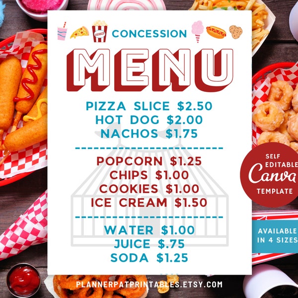 Editable Carnival Theme Concession Menu Template, Concession Stand Sign, Canva