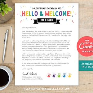 Carta de bienvenida de la PTO editable e imprimible, mensaje de bienvenida de la PTA, plantilla de Canva