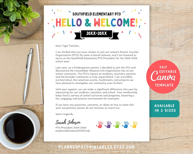 Pto Request Lettering Printable Editable PTO Welcome Letter Printable, PTA Welcome Message, Canva ...
