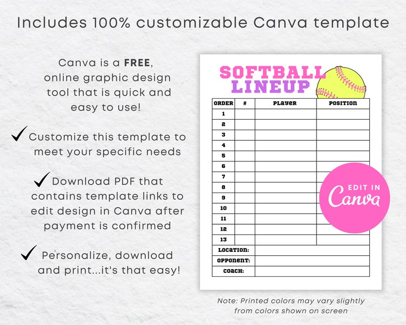 Editable Softball Line Up Roster and Batting Order DIY Canva Etsy México