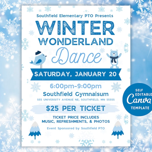 Editable Winter Wonderland School Dance Party Flyer Canva Template