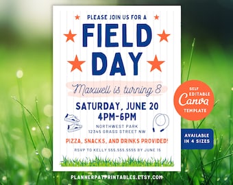 May include: Printable invitation for a field day party. The invitation is decorated with red stars and a baseball field background. The text says "Please join us for a Field Day. Maxwell is turning 8. Saturday, June 20, 4PM-6PM. Northwest Park, 12345 Grass Street NW. Pizza, snacks, and drinks provided! RSVP to Kelly 555.555.5555 by June 15. Self Editable Canva Template. Available in 4 sizes. Plannerpatprintables.etsy.com"