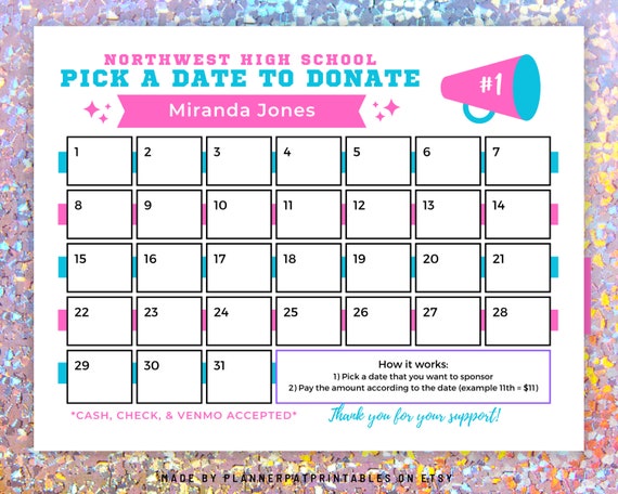 EDITABLE Cheer Template Pick a Date Fundraiser Calendar Sponsor a