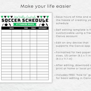Editable Soccer Schedule Template DIY Canva Printable, Soccer Game ...