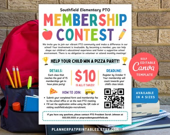May include: A colorful flyer for the Southfield Elementary PTO Membership Contest. The flyer features the text "Membership Contest" in large, multi-colored letters, along with details about joining and winning a pizza party. Includes a QR code and contact information.