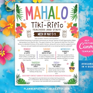 Editable Family Newsletter Hawaiian Luau Itinerary Flyer Canva Template, DIY Teacher Appreciation Student Take-Home Informational Page