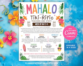 Op de afbeelding: Een afdrukbare poster met een tropisch thema voor de Week van de Leraarwaardering. De poster bevat een kleurrijke titel "Mahalo", een tiki-hut en een schema met activiteiten voor elke dag van de week. De tekst bevat "Tiki-Rific!" en "Week van 5 tot 9 mei".