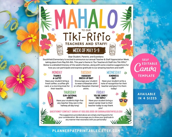 Hawaiian Luau Teacher Appreciation Newsletter: Beach Itinerary Flyer (canva  Template) - Etsy Israel