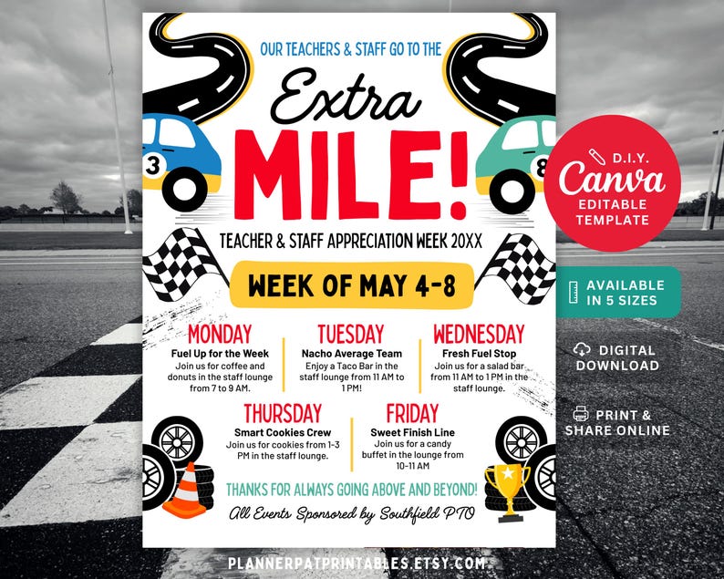 Racing Teacher Appreciation Week Race Car Itinerary Flyer (canva ...