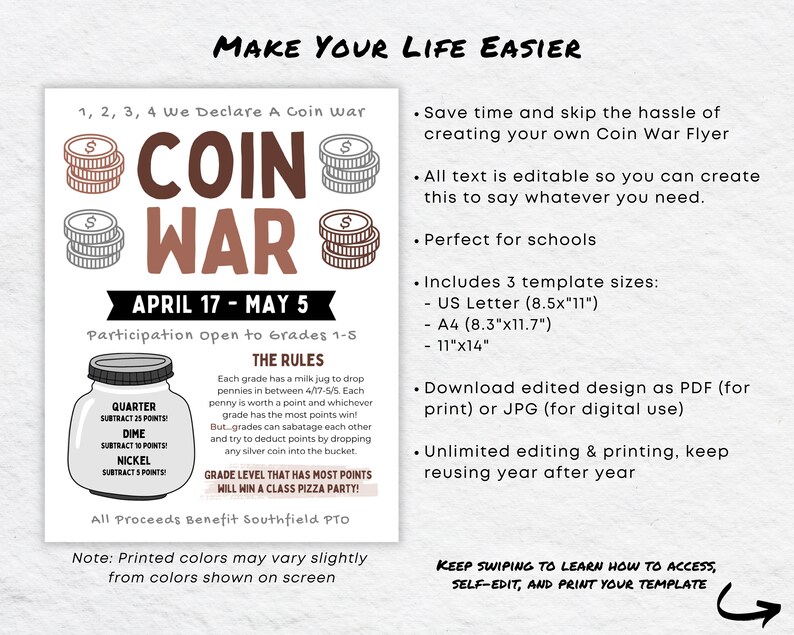 May include: A printable flyer for a school fundraiser called "Coin War". The flyer features a brown and white illustration of coins and the text "Coin War" in large brown letters. The flyer includes the dates "April 17 - May 5" and the text "Participation open to Grades 1-5". The flyer also includes a section titled "The Rules" that describes the rules of the fundraiser. The flyer states that the grade level with the most points will win a class pizza party.