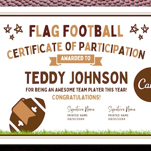 Editable Flag Football Certificate, Participation Award Canva Template