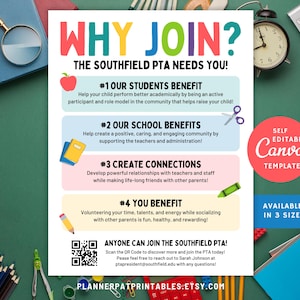 Editable Why Join the PTA or PTO Flyer Template | Canva Parent Teacher Volunteer Recruitment Poster | School Parent Group Printable
