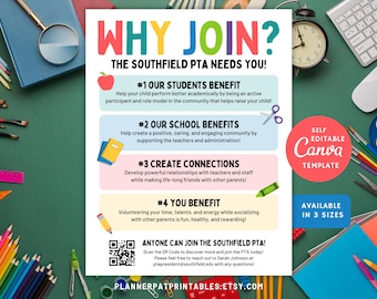 Editable Why Join the PTA or PTO Flyer Template | Canva Parent Teacher Volunteer Recruitment Poster | School Parent Group Printable