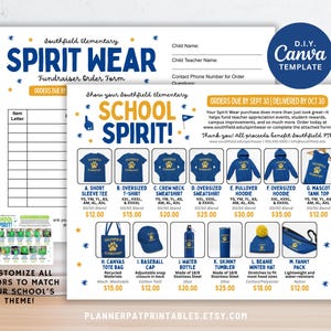 May include: A flyer for Southfield Elementary Spirit Wear, featuring various apparel and accessories. Items include t-shirts, hoodies, tote bags, baseball caps, water bottles, and beanies. The flyer has a blue and yellow color scheme and includes the text "SCHOOL SPIRIT!"