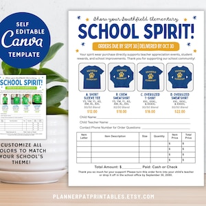 May include: A self-editable Canva template for a Southfield Elementary school spirit order form. The document features blue and gold text, illustrations of four blue apparel items with paw prints, and a blank table for recording child details and order totals.