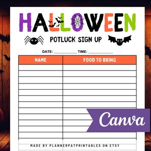 Halloween Potluck Sign Up Sheet Printable For Fall Potluck Party, Canva