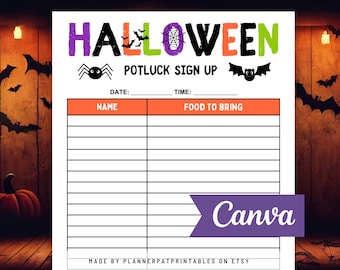 Halloween Potluck Sign Up Sheet Printable For Fall Potluck Party, Canva