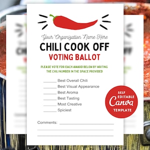 May include: A white voting ballot for a chili cook-off. The ballot has a red chili pepper graphic at the top and a red circle with the text "SELF EDITABLE Canva TEMPLATE". The ballot has a list of categories for voting, including "Best Overall Chili", "Best Visual Appearance", "Best Aroma", "Best Tasting", "Most Creative", and "Spiciest".