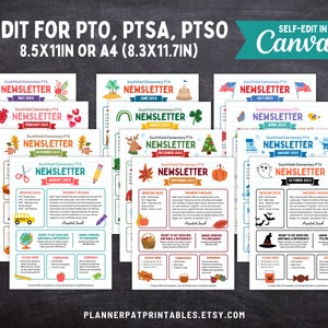 Editable PTO PTA Newsletter Bundle | 12 Monthly Canva Templates for Seasonal Elementary School Communication