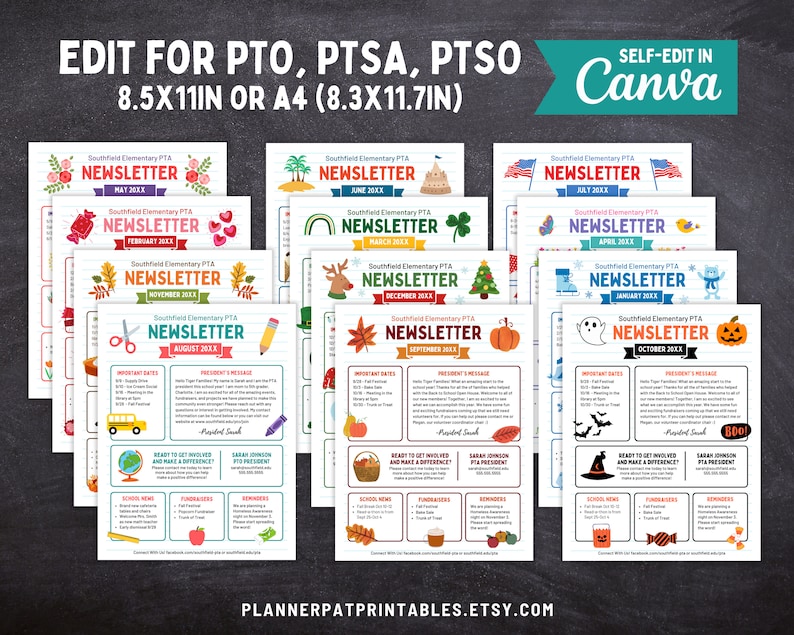 Editable PTA PTO Newsletter Bundle | 12 School Communication Canva ...