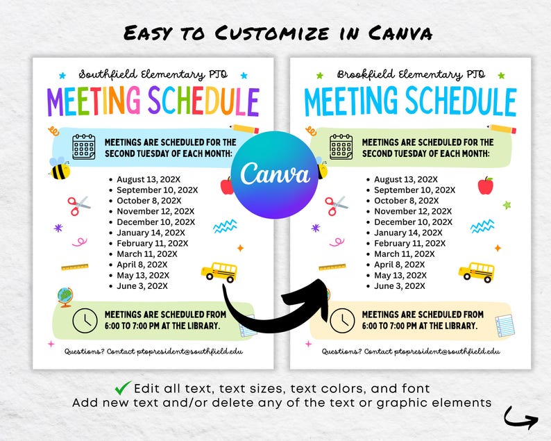 Editable PTA PTO Meeting Schedule Template: Canva School Event Calendar ...