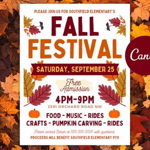 May include: A flyer for a Fall Festival at Southfield Elementary School. The flyer is decorated with fall leaves and pumpkins. The event is on Saturday, September 25th from 4pm to 9pm at 2591 Orchard Road NW. The event will feature food, music, rides, crafts, and pumpkin carving. Proceeds will benefit the Southfield Elementary PTO.